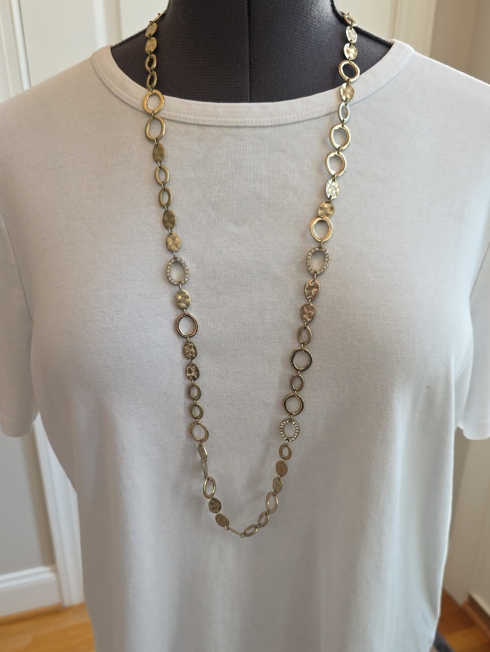 Premier Designs Retired Long Gold Link Statement Necklace w/ Mixed Rings